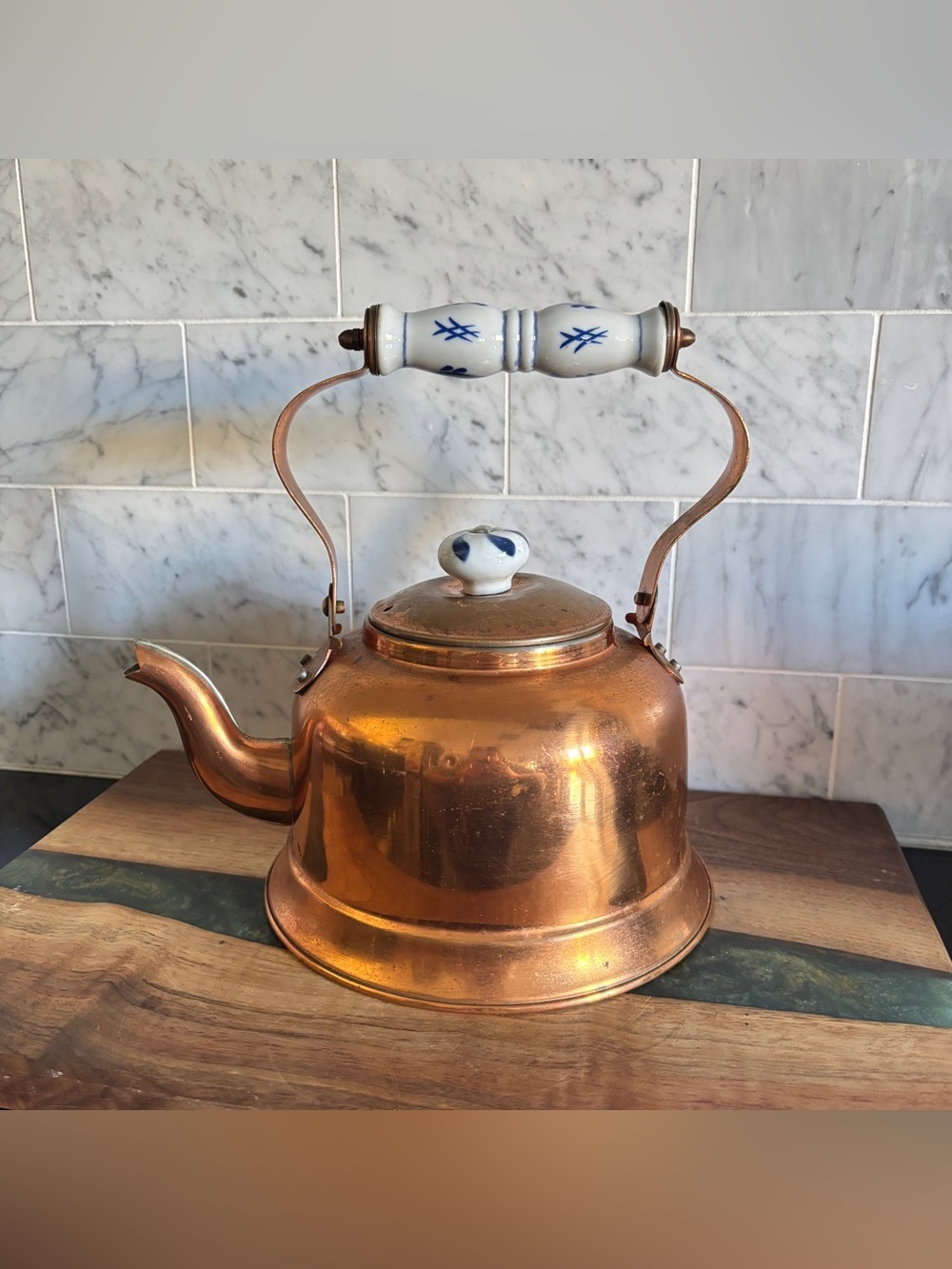 Vintage Copper Teapot Kettle with Delft Blue and White Dutch Porcelain Accents